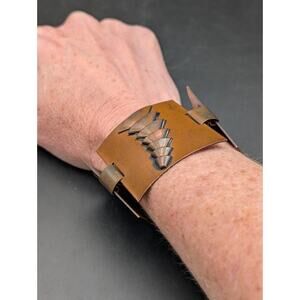 Vintage MCM Brutalist Solid Copper Panel Link Bracelet Stylized Pine Tree 87g 7”